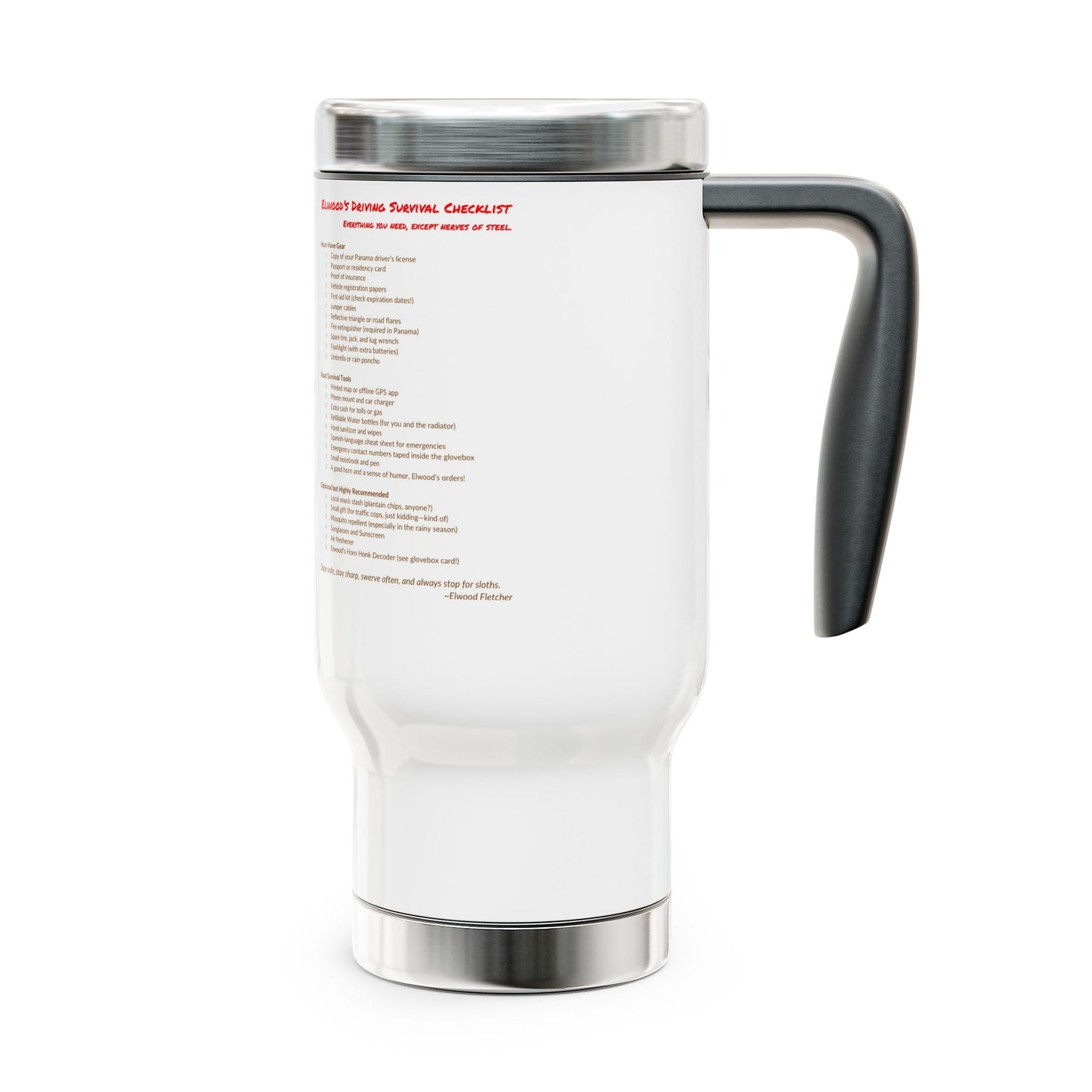 Elwood's Driving Survival Checklist Travel Mug | 14oz Stainless Steel Coffee Cup, Beach Lover Gift, Summer Vibes, Vacation Essentials, Fun Designs