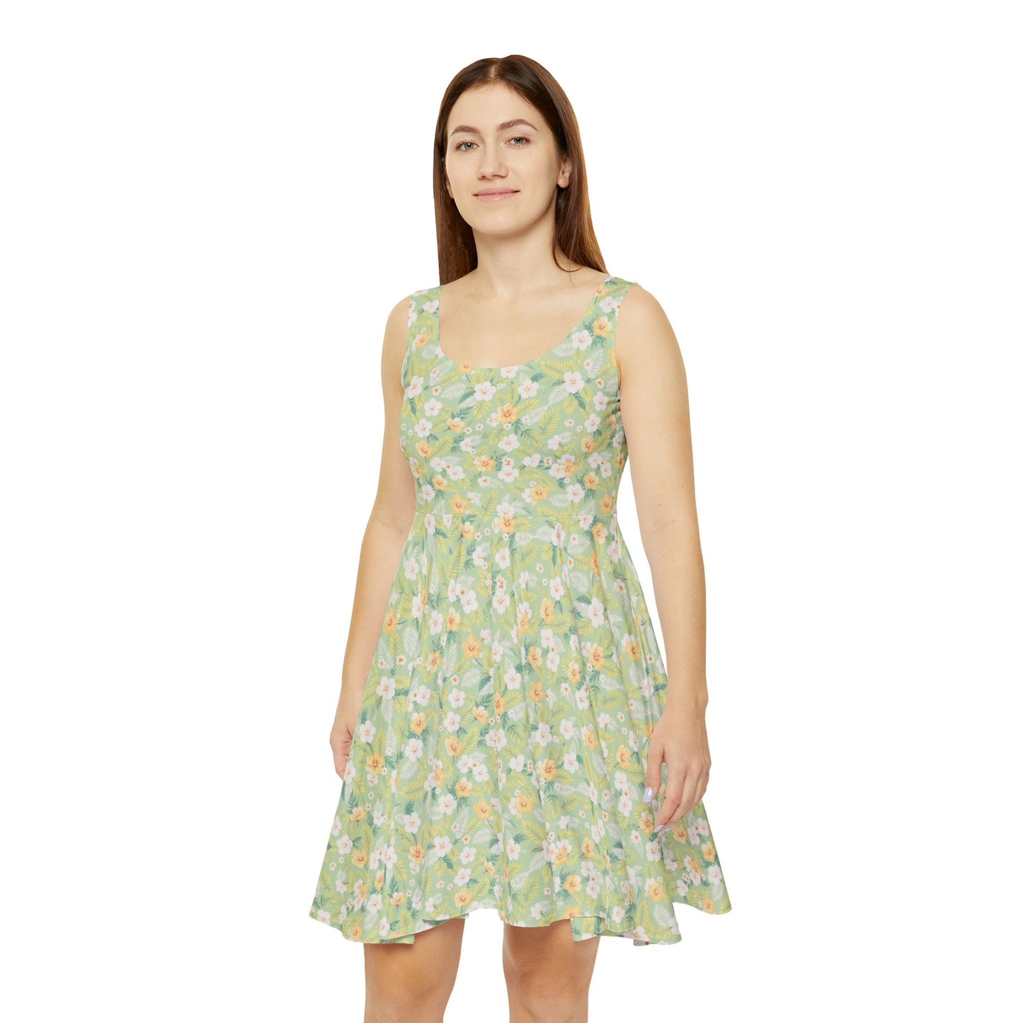 Elwood's Signature Light Green Hawaiian Floral Print Women's Skater Dress